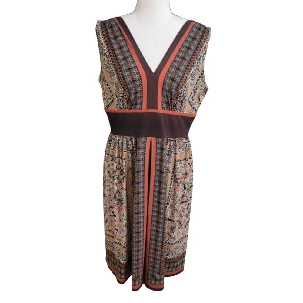 Soho Apparel Dress Brown Multiprint Boho Retro Fitted Waist Vneck Stretch Sz 10